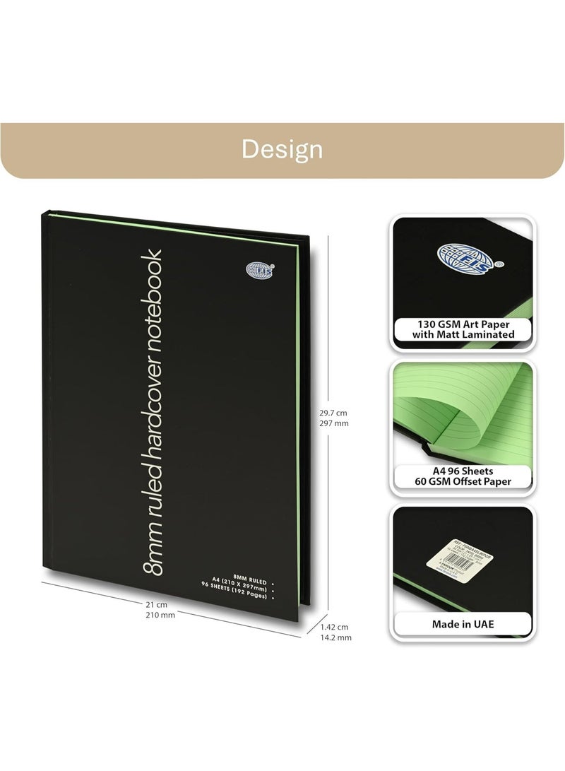 FIS Hard Cover Notebook, Glued Binding, A4 Size(210x297mm), 96 Sheets, 192 Pages, Pastel Green Color Paper with 8mm Single Line Ruling, Packet of 5 Pieces, Black Cover Design-FSNBA4SL96PGR - Image 3